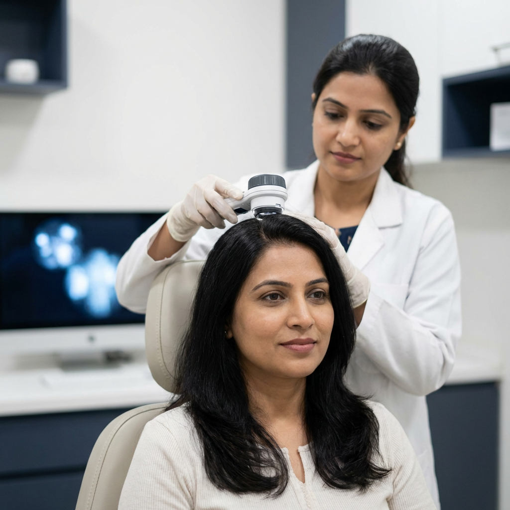 Dermatologist examining scalp with trichoscope